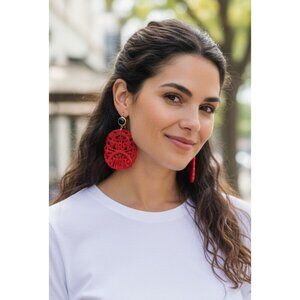 Vintage Kenneth Jay Lane KJL Red Carved Resin Asian Motif Bold Earrings Signed